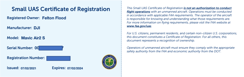 FAA Drone registration card